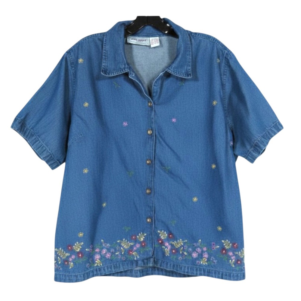 VTG JANE ASHLEY Blue Denim FLORAL FLOWERS EMBROIDERED Button-Up SHIRT/TOP Sz 1X